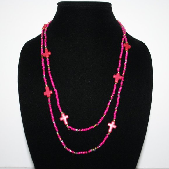 Beautiful pink and gold beaded cross necklace 48"